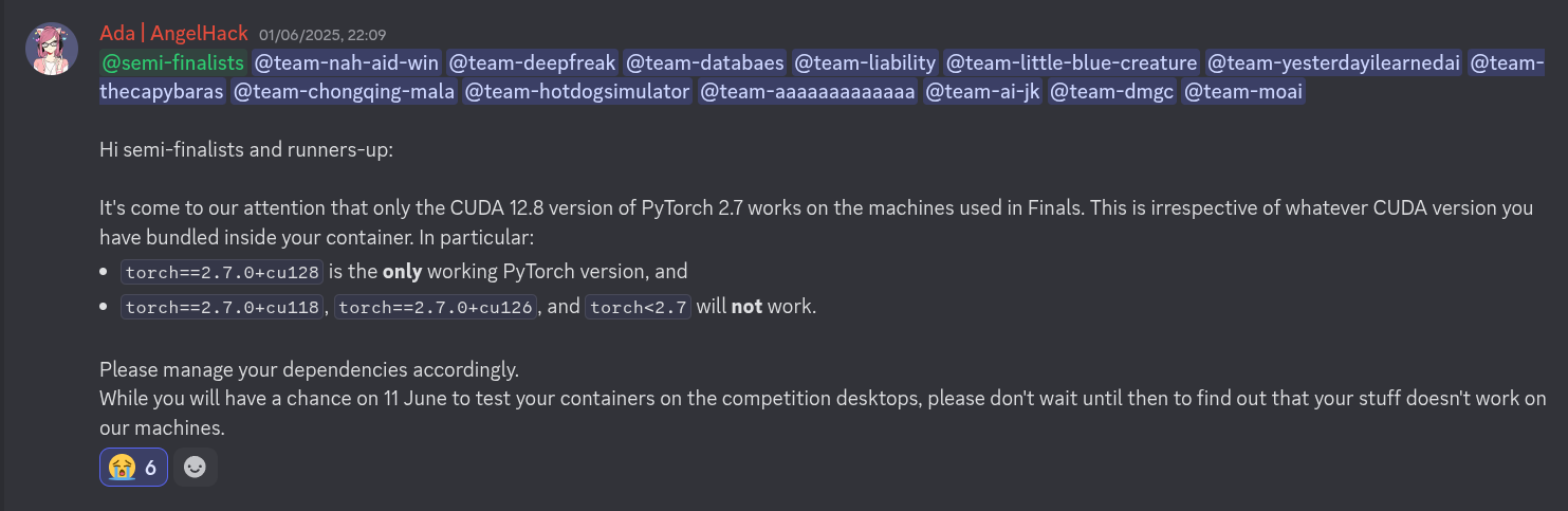 Screenshot of a Discord message from user 'Ada | AngelHack' addressed to all semi-finalists and runners-up, with the following content: 'Hi semi-finalists and runners-up: It's come to our attention that only the CUDA 12.8 version of PyTorch 2.7 works on the machines used in Finals. This is irrespective of whatever CUDA version you have bundled inside your container. In particular: torch==2.7.0+cu128 is the only working PyTorch version, and torch==2.7.0+cu118, torch==2.7.0+cu126, and torch<2.7 will not work. Please manage your dependencies accordingly. While you will have a chance on 11 June to test your containers on the competition desktops, please don't wait until then to find out that your stuff doesn't work on our machines.'