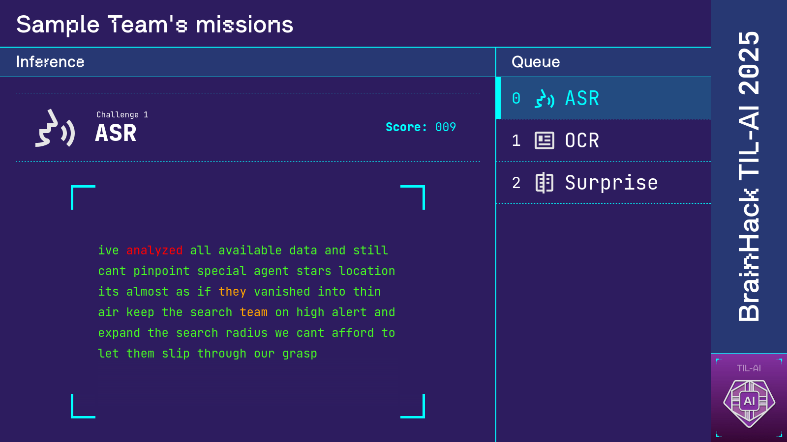 ASR task visualization. Correct words in green; substitutions in orange; deletions in red.